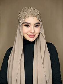 2pcs Muslim Hijab Set, 1pc Pearl Decorated Crochet Mesh Inner Cap + 1pc Chiffon Headscarf, Women's Islamic Headwear - Multicolor - View 6