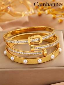 Camhanno 3/1pc Stainless Steel Plated 18K Gold Bracelet Set With Sand Faced Pearl For Women's Style, Handmade Set - Gold - View 3