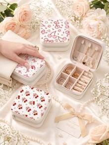 Cherry & Bow Style Jewelry Box For Women,PU Leather Portable Travel Jewelry Storage Box With 3 Necklace Hooks, Ring Storage Compartment,Gift Ideas - Cherry & Bow - View 2