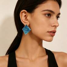 Vintage Blue Marble Pattern Rhombus Exaggerated Earrings, Gold Trim Geometric Square Design Women's Party Earrings - Multicolor - View 14