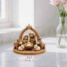 2D Flat Single-Piece Rotatable Asymmetrical Acrylic Christmas Scene Desktop Ornament, With 4 Round Adhesive Dots, Wooden Arch Holy Family Donkey Cow Sheep Pattern, Christian Believer Christmas Gift, Home Small Chapel Desktop Religious Decor - A - View 7