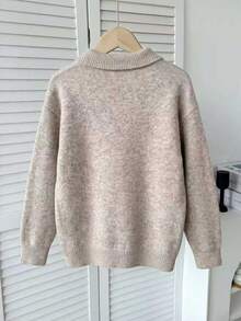 Boys' Letter Jacquard Knit Pullover, Polo Collar Half-Button Loose Long Sleeve Sweater, Autumn Children's Top - Camel - View 4