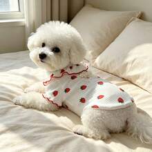 1PC Cute Ruffle Collar Dog T-Shirt With Pearl Bow Decor, Strawberry Heart Cherry Print Ribbed Knit Puppy Short Sleeve Top, Soft Pet Clothes For Small Dogs Bichon Teddy Daily Outfit - Multicolor - View 8