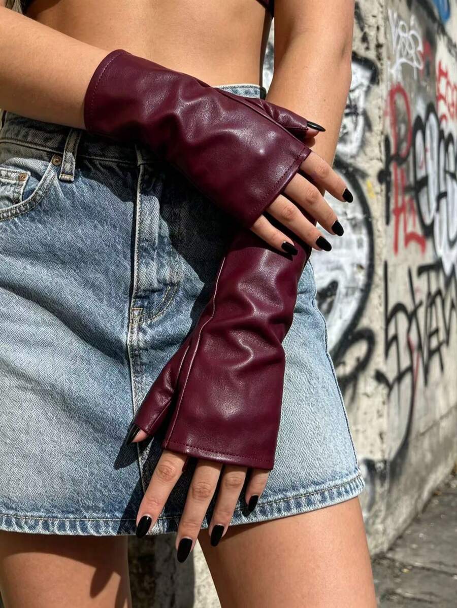 1 Pair Solid Color Casual Street Party Premium PU Leather Half-Finger Open-Toe Gloves For Daily Wear, Birthday Party, Gift, Performance, Autumn/Winter - Fingerless Leather Gloves - View 1