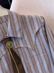 Vintage Inspired Women's Short Shirt With Long Sleeves, Striped Pattern, Shirt Collar, And Unique Asymmetrical Hem With Chain Accent - Blue - View 5