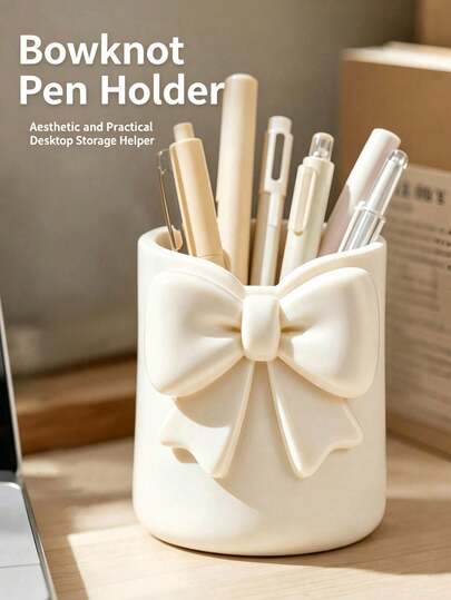 Bowknot Round Pen Holder 3D Printed Multifunctional Storage Bucket Toothbrush Holder For Storage Stationery Makeup Brushes Eyebrow Flower Pot Or Vase For Bathroom School Office For Student Bathroom Accessories Home Decor Back To School