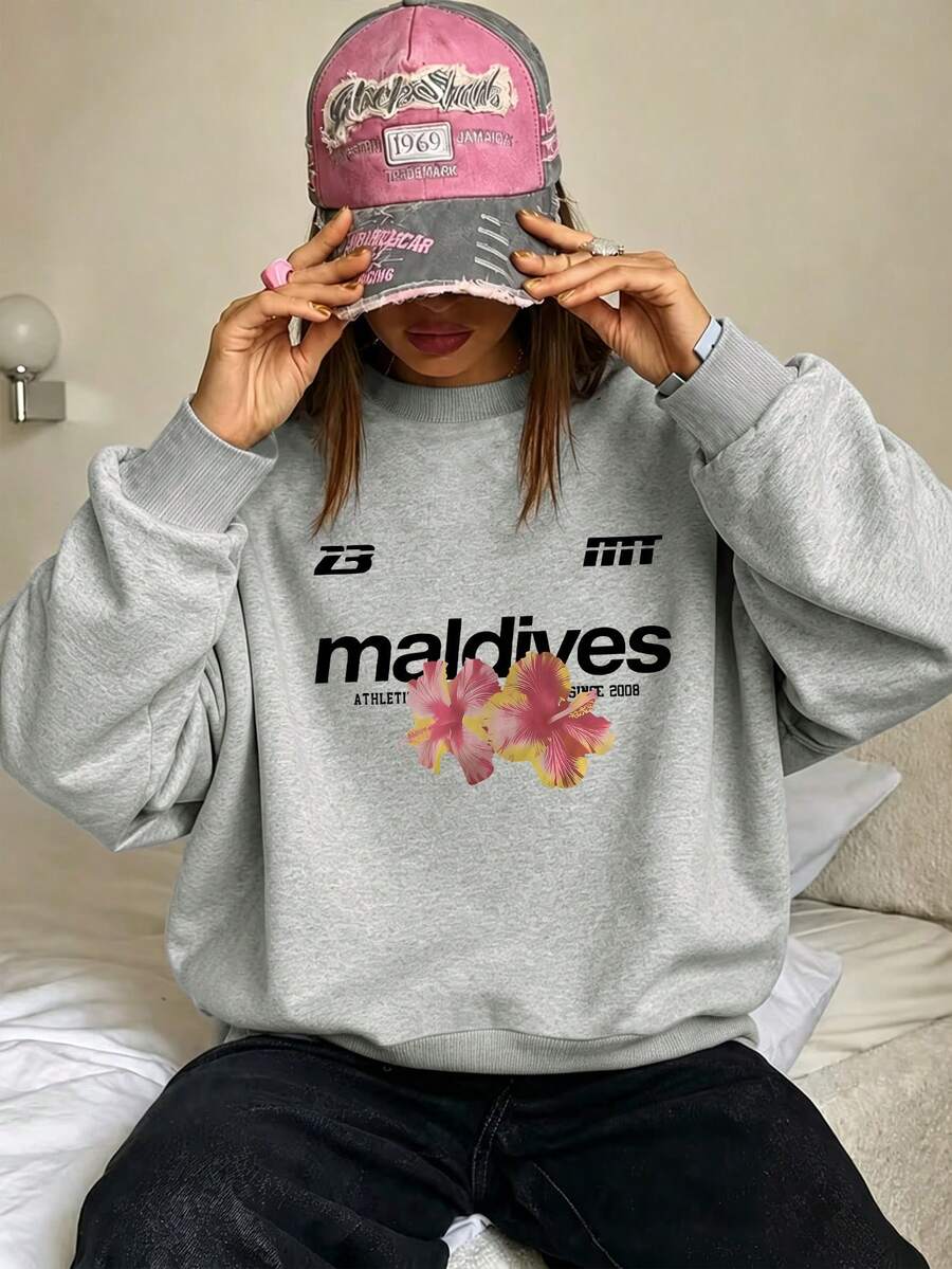 Sweatshirt Crewneck Fashion Wanita Ukuran Plus dengan Motif Grafis "Maldives" dan Bunga Hibiscus, Sempurna untuk Gaya Jalanan Sehari-hari di Musim Gugur dan Musim Dingin Ini - Grey - View 1