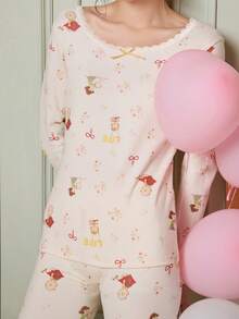 Gongdie 2pcs Snoopy Women's Pajama Set, Winter White Soft Cotton Loungewear With Lace Trim - Apricot - View 2