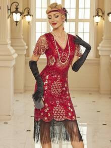 1920年代 Flapper 女裝洋裝，大亨小傳風格女款流蘇洋裝，咆哮20年代哈林之夜服裝 - 紅色 - 查看 5
