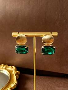 1 Pair Fashionable Luxury Vintage Brushed Round Disc Shiny Square Rhinestone Inlaid High-End Minimalist Versatile Earrings - Round and Square Earrings - View 5