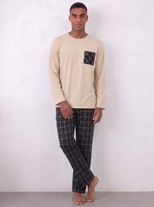 Snug League 2pcs Men's Plus Size Casual Loose Minimalist Pullover Sweatshirt With Pockets & Plaid Lounge Pants Set, Suitable For Spring - Multicolor - View 2