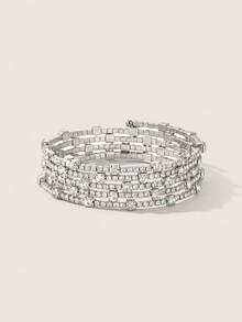 Valisandre Multi-Layer Fashionable Rhinestone Wrapped Bangle Bracelet For Women, Handmade - Silver - View 1