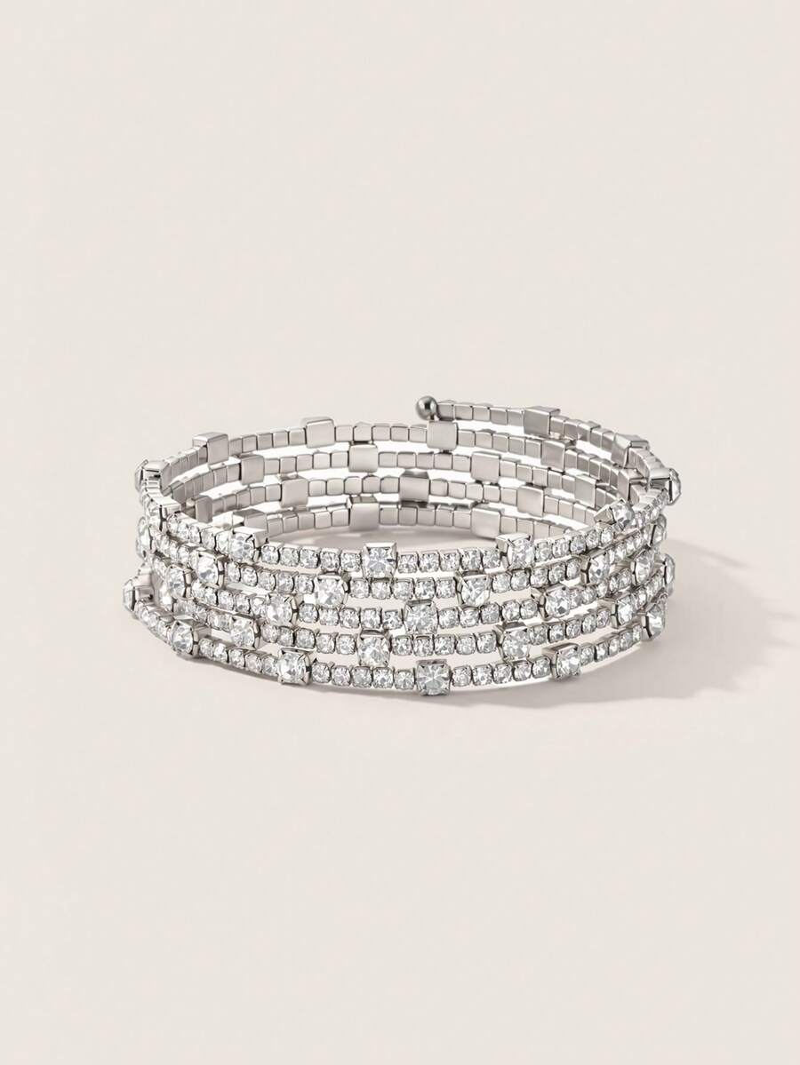 Valisandre Multi-Layer Fashionable Rhinestone Wrapped Bangle Bracelet For Women, Handmade - Silver - View 1
