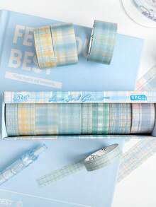 8 Rolls/Box Fresh Plaid Pattern Tape, Designed In Two Materials (Paper And PET) For Vintage-Style Tape,For Scrapbooking, Diaries, And Card Decoration - Multicolor - View 5