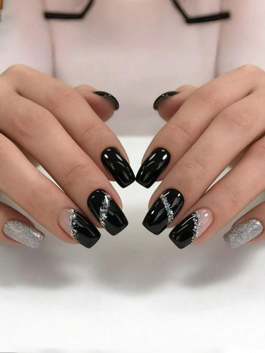 Fall Nails Black Nails Black Shiny Silver Glitter 24 Pieces Press On Nails - 黑色 - 查看 1
