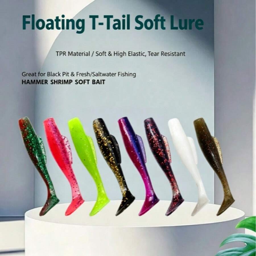 6 Floating T-Tail Soft Baits, TPR Paddle Tail Swimming Baits, Strong-Scent Fishing Soft Lures, Suitable For Freshwater And Saltwater, For Bass, Barracuda, And Trout Fishing - Multicolor - View 1