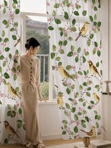2PCS Bird Berry Branch Print High Density Mesh Sheer Curtains, Light Filtering Rod Pocket - Multicolor - View 5