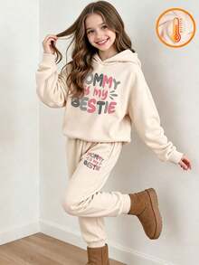2pcs/Set - Tween Girl Graphic Print Casual Fleece Hoodie Sweatshirt And Fleece Pants, Autumn/Winter Outfit - Apricot - View 2