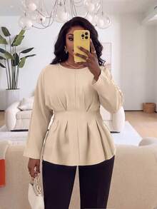 Plus Size Women's Woven Fabric Flared Hem Long Sleeve Blouse, Back Tie Design, Round Neck Slim Fit Top, Suitable For Autumn Wear - Light Khaki - View 1