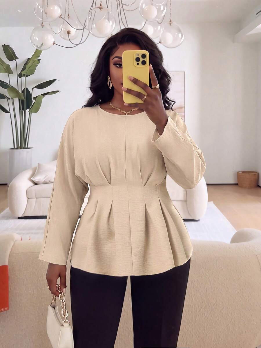 Plus Size Women's Woven Fabric Flared Hem Long Sleeve Blouse, Back Tie Design, Round Neck Slim Fit Top, Suitable For Autumn Wear - Light Khaki - View 1