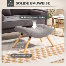 Stool, Pouf With Berber Wool Fabric, Padded Pouf Supporting Up To 120 Kg, For Living Room, Bedroom, 67 X 45 X 38 Cm, Light Gray - Light Grey - View 4
