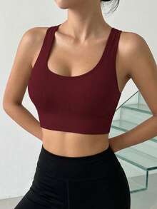 DAZY EMUPER 1pc Seamless Sports Racerback Bra, Hollow Backside Outerwear Elastic Solid Color Women Lingerie - Red - View 4