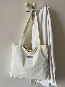 1pc White Corduroy Solid Color Fabric Label Detail Shoulder Tote Bag, Large Capacity Commuter Shoulder Bag, Lightweight Student Tutoring Bag - White - View 5