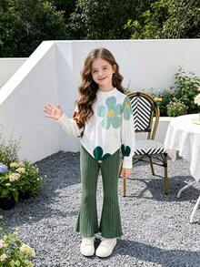Girls 2pcs Set Large Floral Print Asymmetrical Hem Ribbed Long Sleeve Top & Green Vertical Rib Flare Pants, Spring/Autumn Fresh Mori Style Gentle Knit Casual Outfit For Daily Wear And Outings - Multicolor - View 10