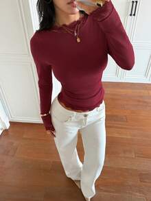 Women's Red Round Neck Long Sleeve Lace Patchwork Top - Red - View 5