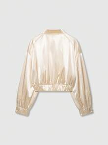 Women's Solid Color Long Sleeve Silk-Texture Bomber Jacket - Beige - View 2