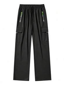 Men's Sports Cargo Pants, Loose Fit Wide Leg Drawstring Pants With Zipper Pockets, For Fitness And Outdoor - Black - View 5