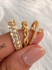 ZCNC Znice 304不鏽鋼+銅18K鍍金可疊戴戒指組，女款奢華閃亮水鑽戒指3件套，低過敏極簡主義珠寶，完美母親節禮物，夏季度假配件 - 金色5 - 查看 8