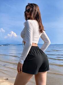 女款夏季高腰工裝短褲，彈性休閒短褲，附彈性腰帶與鈕扣開合，多功能登山短褲，多口袋設計 - 黑色 - 查看 4