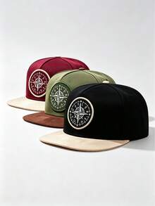 1PC Unisex Color Block Flat Brim Baseball Cap, Circular Compass Embroidery On Front, Contrast Flat Brim, Adjustable, For Daily, Street, Party & Travel - Multi-color - View 6