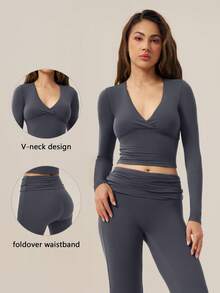 TimeOff Setelan Olahraga Wanita Satu Set Warna Polos, Kerah V Dalam, Lipatan Depan, Lengan Panjang, Pinggang Lipat, Celana Lebar - Grey - View 11