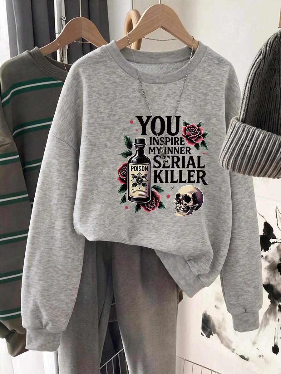 Women's Loose Sweatshirt, Soft Crew Neck Casual Top, Long Sleeve With Creative Letter Print, Machine Washable, Versatile Fall Winter Must-Have - Light Grey - View 1