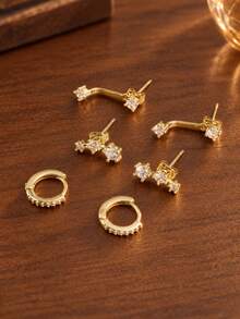 6pcs Simple Copper Zirconia Hoop Earrings Set For Women, Couples, Sisters, Holiday, Daily Matching - Earring Set - View 3