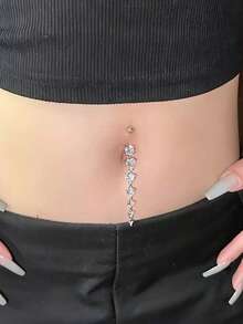 1pc Long Heart-Shaped AAA Zirconia Navel Ring, Dangle Zirconia Belly Button Stud With Tassel, Piercing Jewelry - Silver - View 2