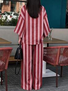 Standard Size Women's Autumn/Winter Similar Color Striped Fabric Cardigan With Dropped Shoulders Loose Fit Top Casual Commute Set - Pink - View 6