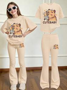 2PCS Cute Teen Girls Matching Set, Boba Print Curved Tee & Flared Pants, Soft Casual Summer Street Outfit - Apricot - View 1