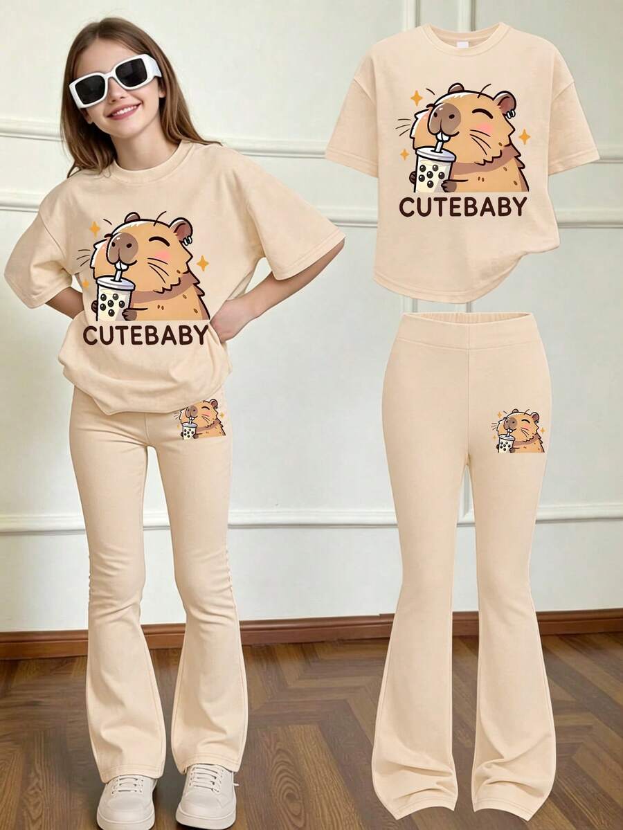 2PCS Cute Teen Girls Matching Set, Boba Print Curved Tee & Flared Pants, Soft Casual Summer Street Outfit - Apricot - View 1
