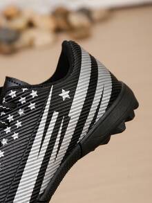 Boys' Star Stripe Studded Soccer Shoes, Lace-Up Non-Slip Kids' Sports Field Training Football Shoes - Black - View 3