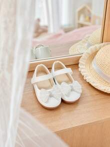 Girls' Baby White & Pink Dual-Tone Mesh Rhinestone Bow Glossy Mary Jane Flat Shoes With Hook-And-Loop Strap, Suitable For Banquet And Party - White - View 6