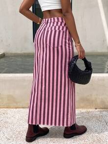 Women's Casual Pink Striped Denim A-Line Maxi Skirt With Slit Design - Pink - View 3