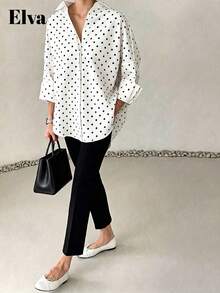 VELLA Women's Elegant Loose 3/4 Sleeve Rolled Cuff Plus Size Blouse, Suitable For Commuting, Back To School, Outings, Casual Wear - White - View 3