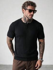 Men's Mercerized Ribbed Henley Collar Slim Fit Short Sleeve Knit Top - Black - View 1