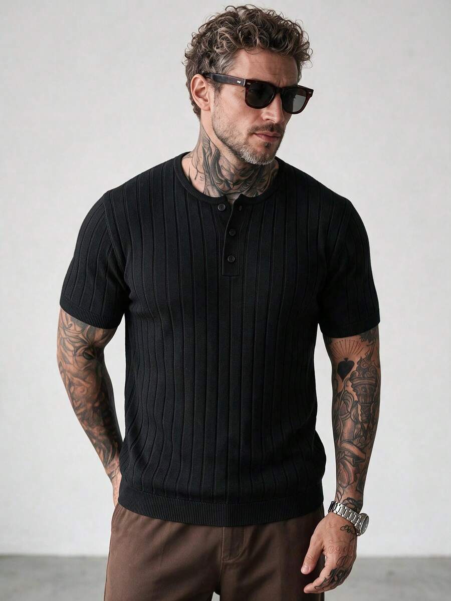 Men's Mercerized Ribbed Henley Collar Slim Fit Short Sleeve Knit Top - Black - View 1
