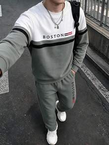 Boys' Spring/Autumn Casual Knit 2 Pieces Set, Grey & White Patchwork Black Striped Letter Print Sweatshirt, BOSTON Letter Loose Cuffed Sweatpants - Grey - View 1