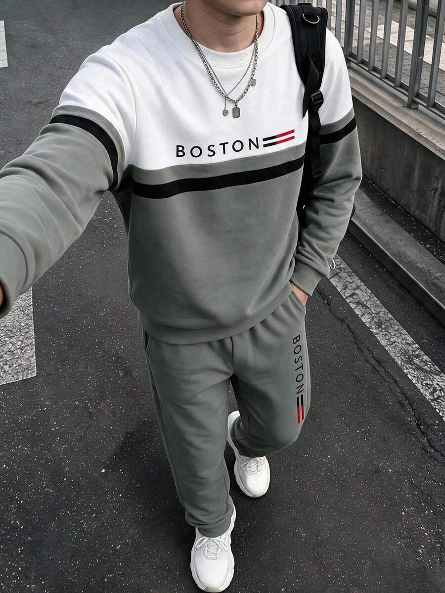 Boys' Spring/Autumn Casual Knit 2 Pieces Set, Grey & White Patchwork Black Striped Letter Print Sweatshirt, BOSTON Letter Loose Cuffed Sweatpants - Grey - View 1