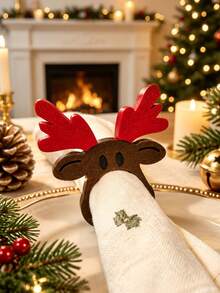 1/4pcs Christmas Reindeer Shaped Wooden Napkin Rings, Brown Tableware Buckles, Christmas Reindeer Design, Suitable For Christmas, Halloween, New Year, Wedding And Various Holiday Party Table Decoration - Rust Brown - View 8